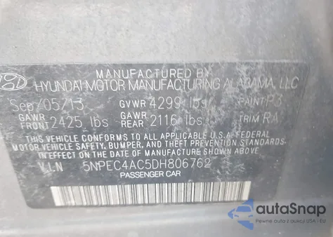 2013 Hyundai Sonata Se from USA, damaged, VIN 5NPEC4AC5DH806762